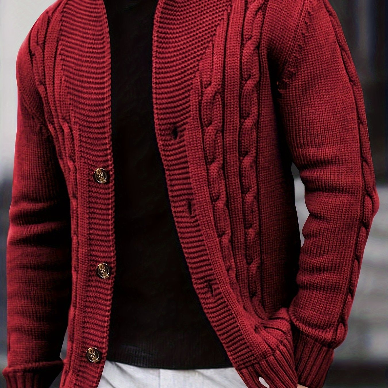 Cardigan d'hiver à manches longues en tricot côtelé uni pour homme | Boutonné