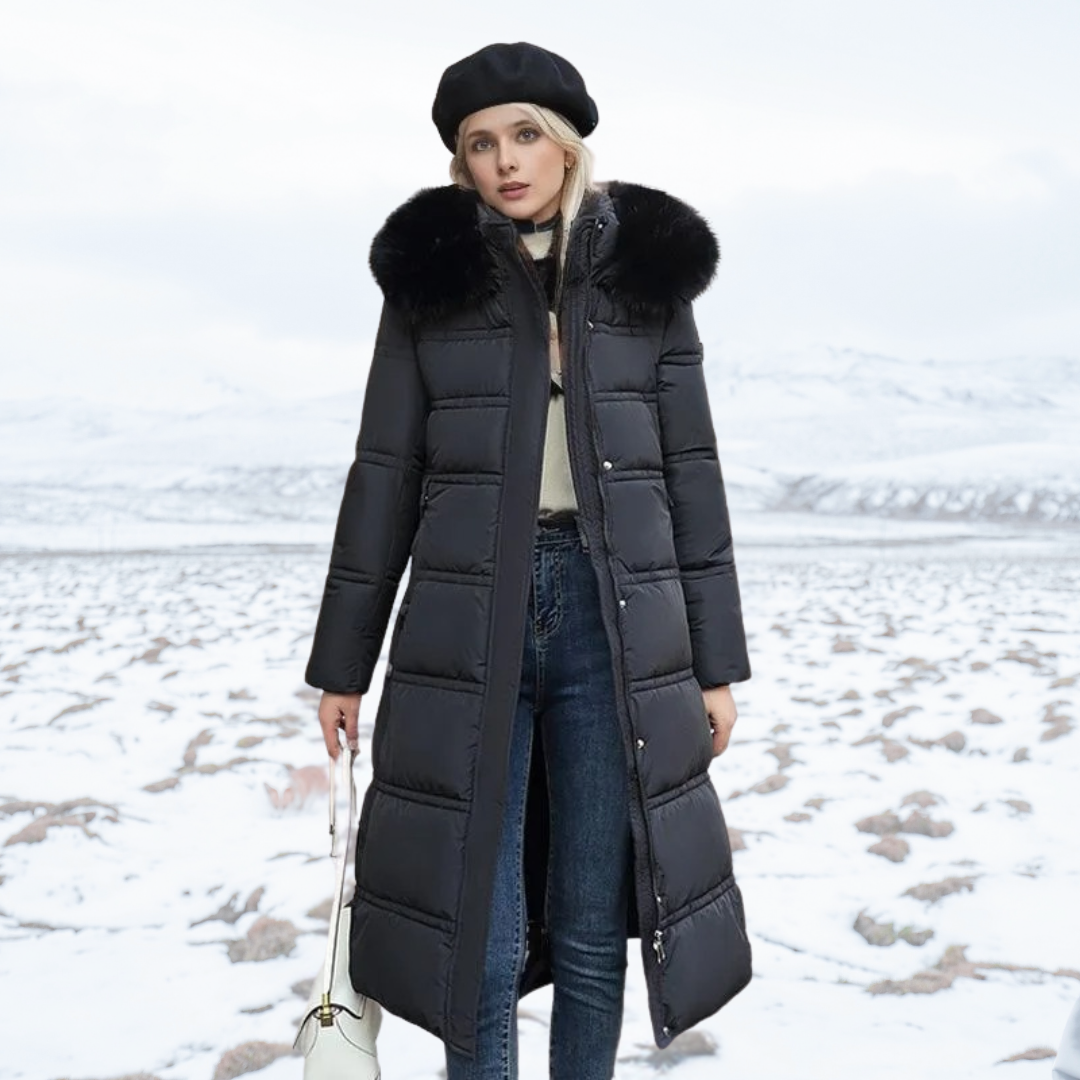 Manteau long matelassé à capuche pour femme | Chaud