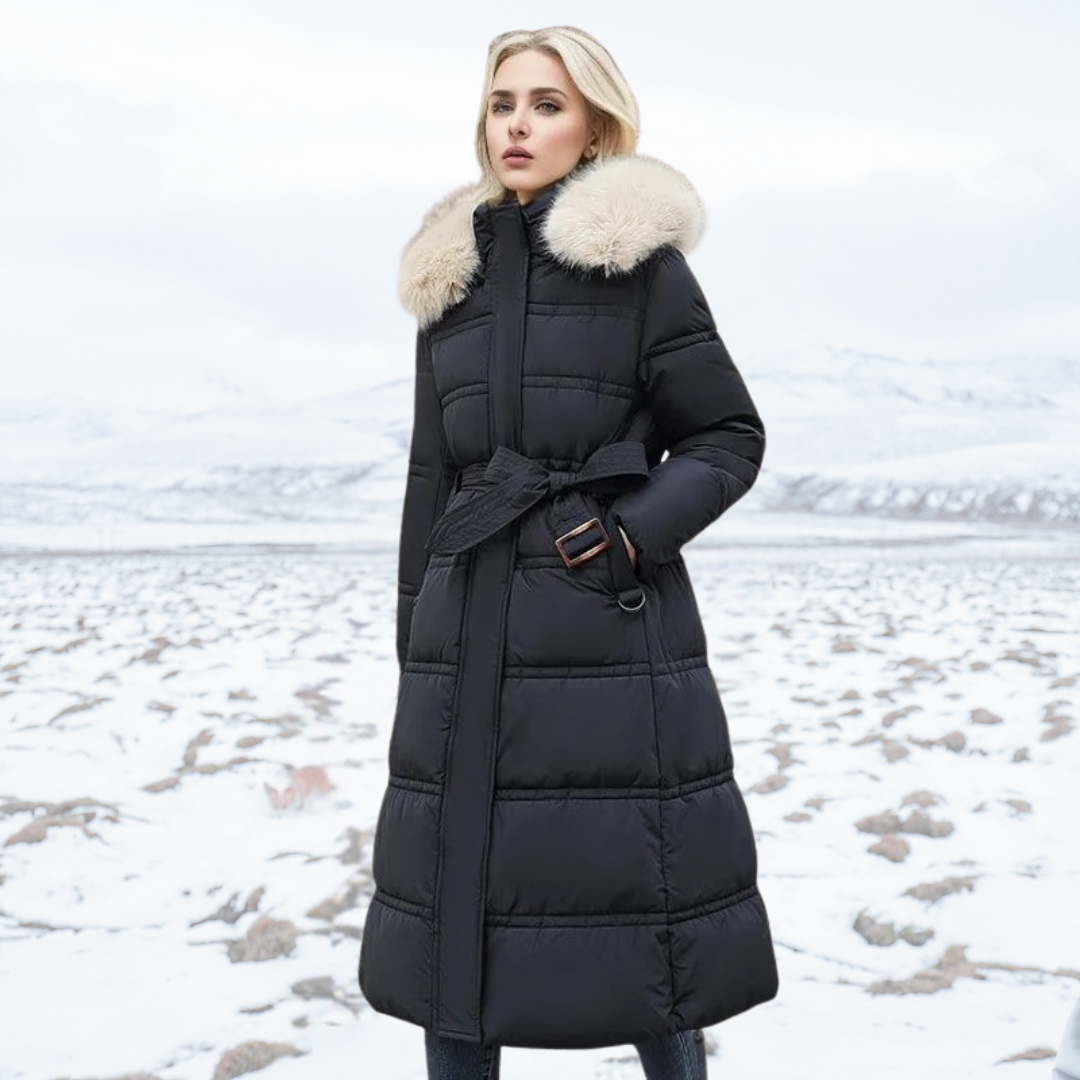 Manteau long matelassé à capuche pour femme | Chaud