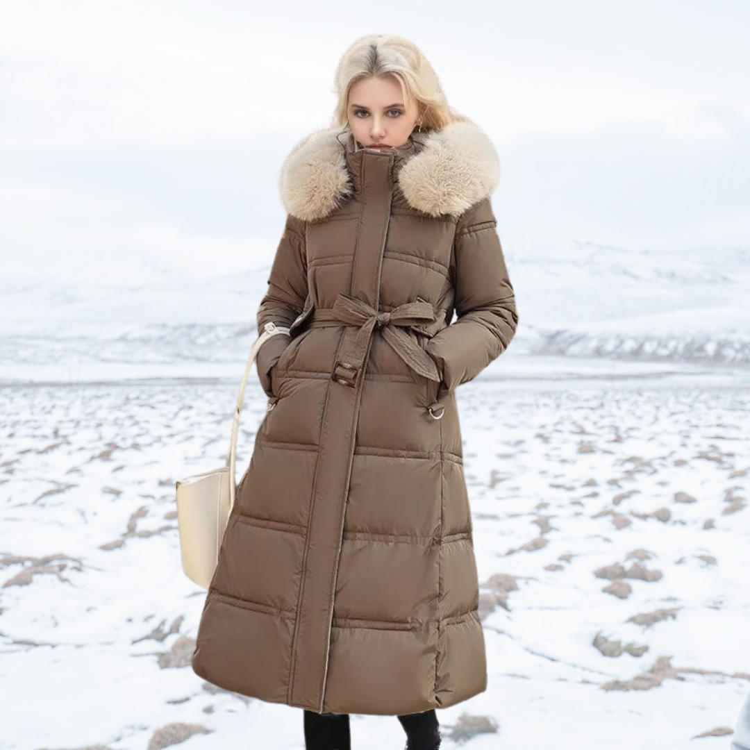 Manteau long matelassé à capuche pour femme | Chaud