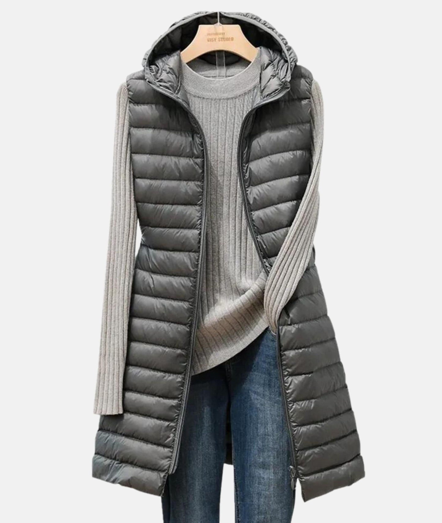 Gilet matelassé à capuche pour femme | Long