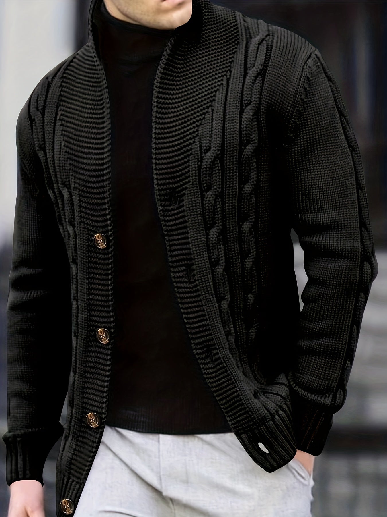 Cardigan d'hiver à manches longues en tricot côtelé uni pour homme | Boutonné