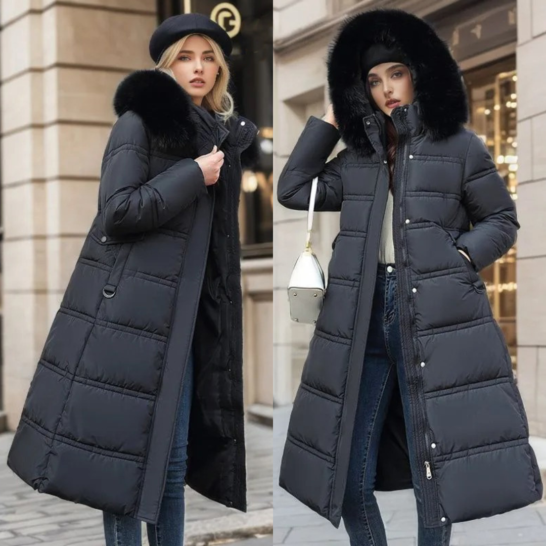 Manteau long matelassé à capuche pour femme | Chaud