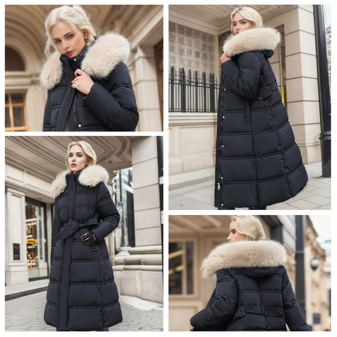 Manteau long matelassé à capuche pour femme | Chaud