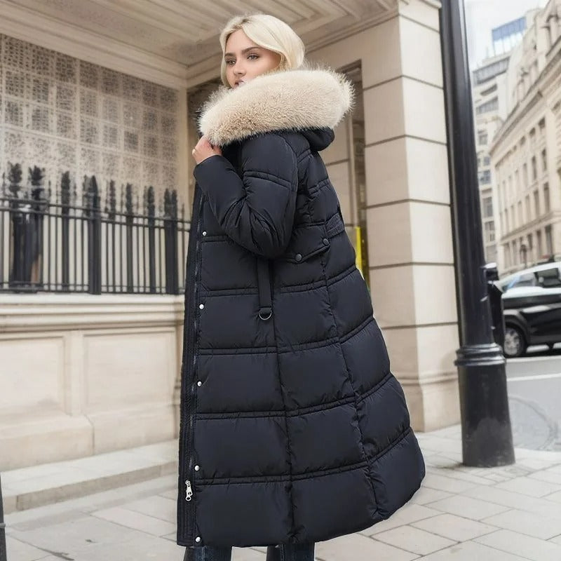 Manteau long matelassé à capuche pour femme | Chaud