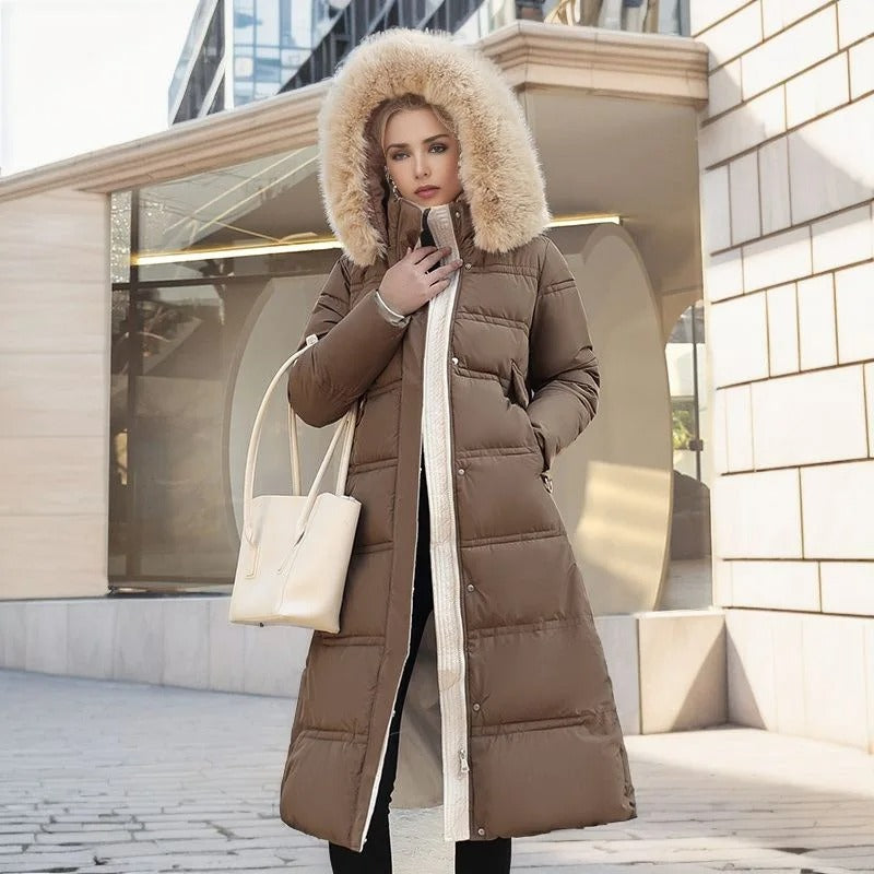 Manteau long matelassé à capuche pour femme | Chaud
