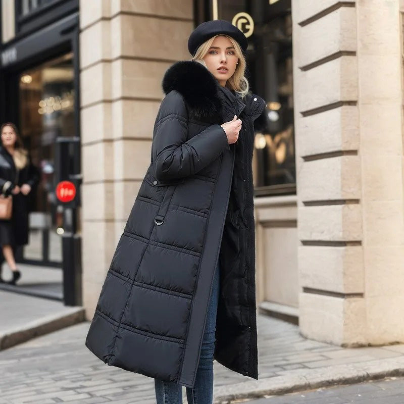 Manteau long matelassé à capuche pour femme | Chaud