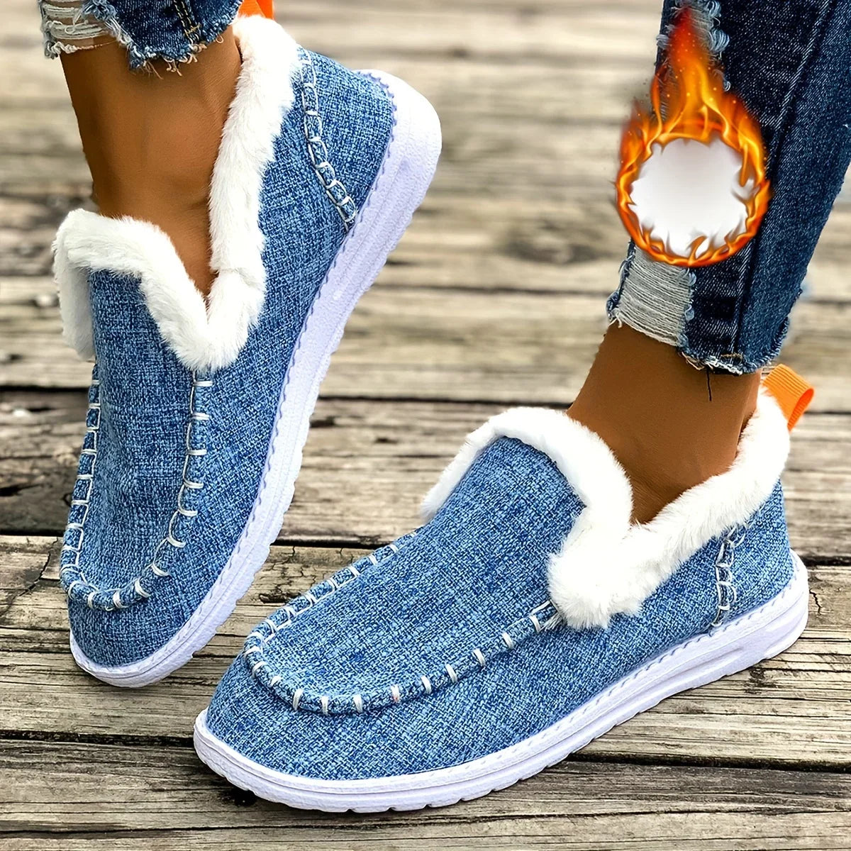 Sandales d'hiver pour femme, couleur chair, doublées de peluche | Bout rond