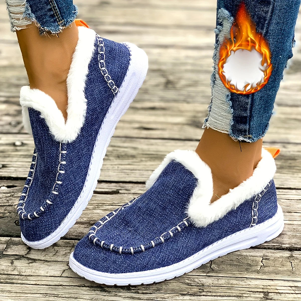 Sandales d'hiver pour femme, couleur chair, doublées de peluche | Bout rond