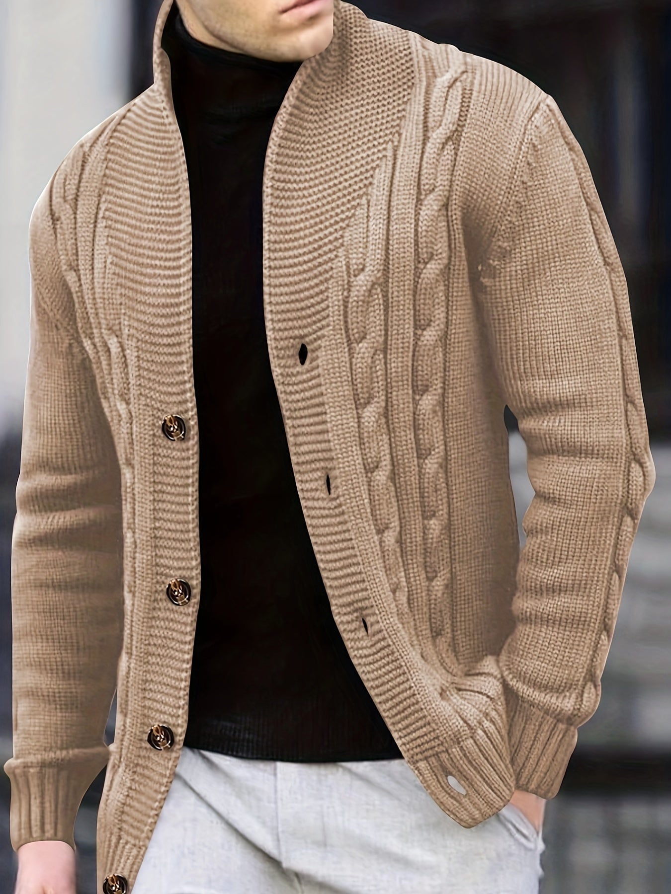 Cardigan d'hiver à manches longues en tricot côtelé uni pour homme | Boutonné