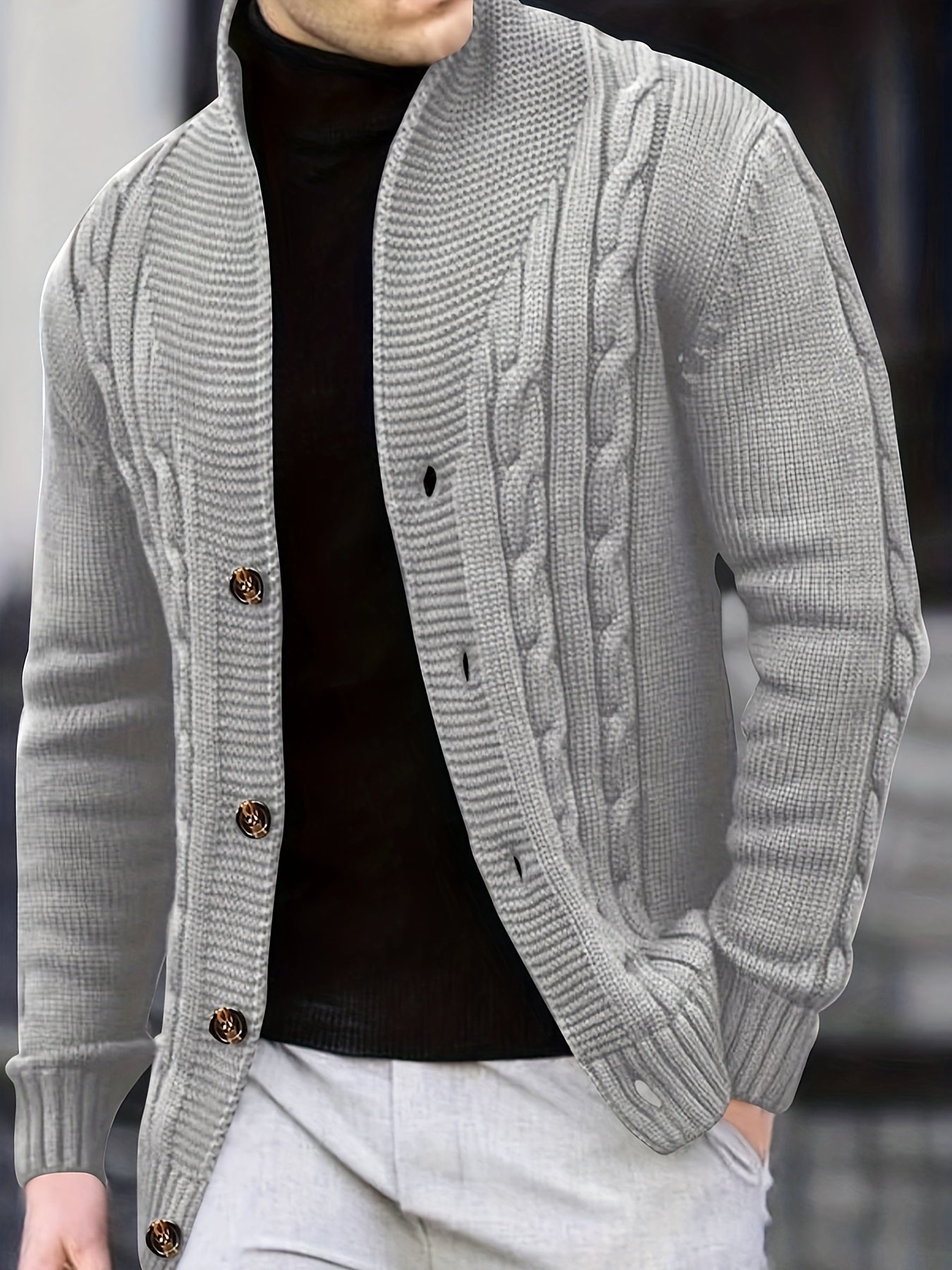 Cardigan d'hiver à manches longues en tricot côtelé uni pour homme | Boutonné