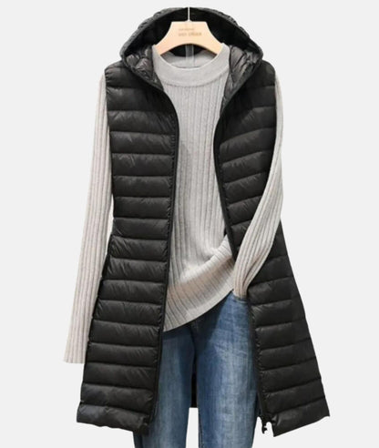 Gilet matelassé à capuche pour femme | Long