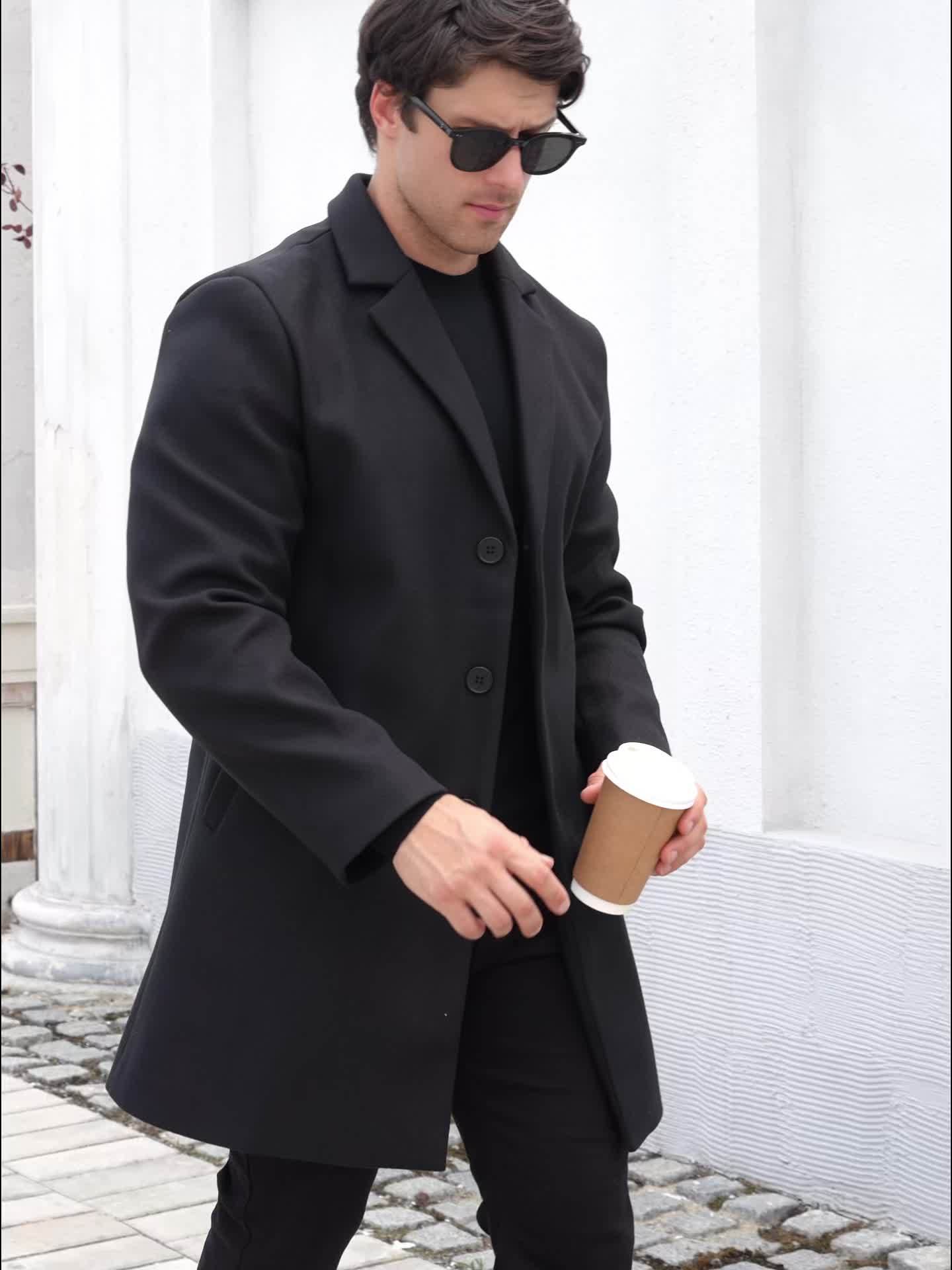 Trench-coat à simple boutonnage et revers crantés pour homme | Noir uni