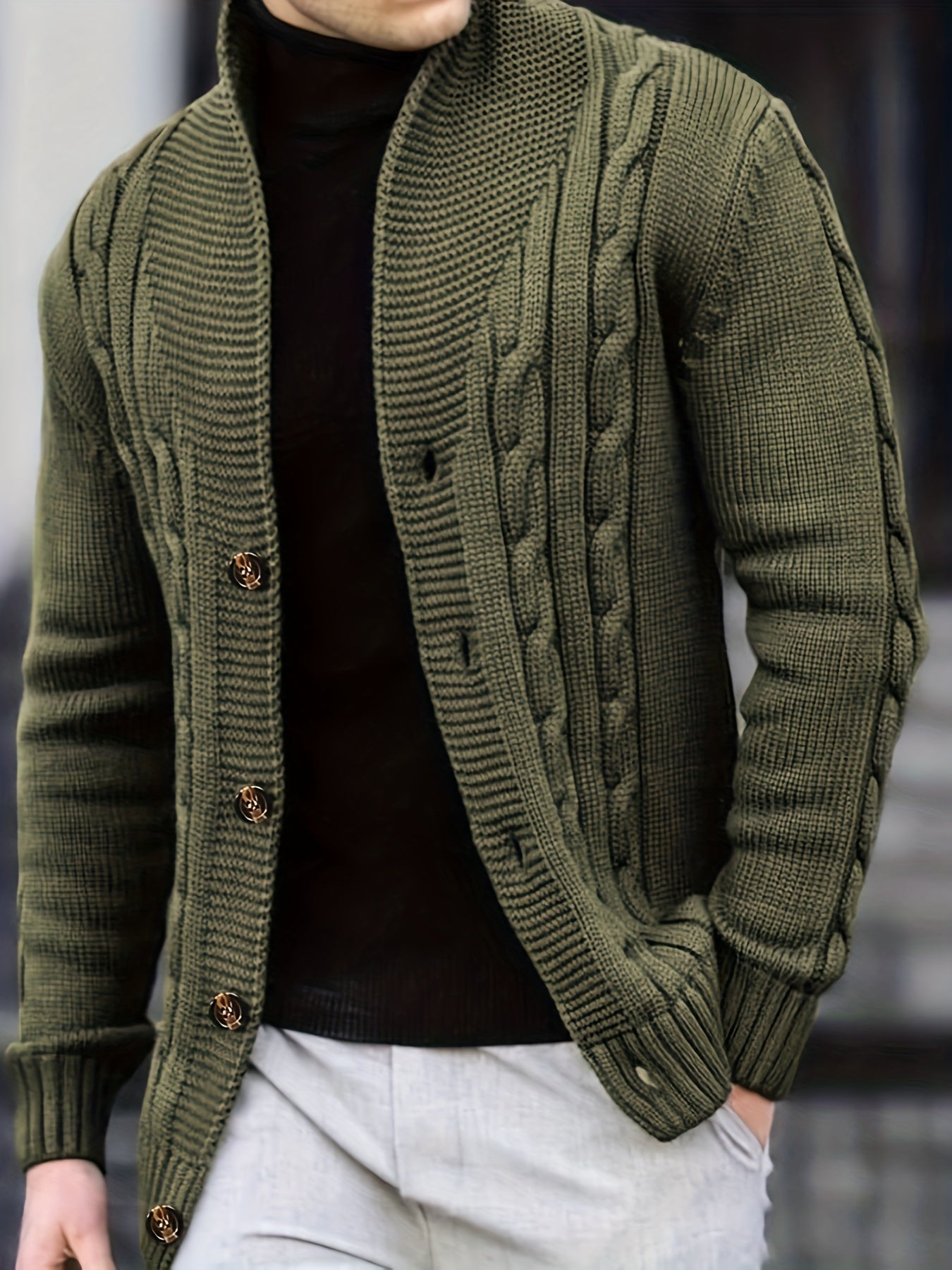 Cardigan d'hiver à manches longues en tricot côtelé uni pour homme | Boutonné