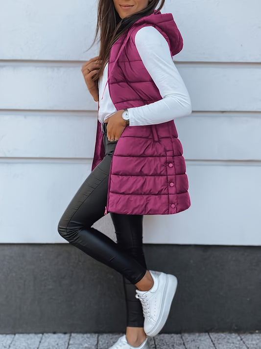 Gilet long matelassé à capuche pour femme | Fermeture éclair