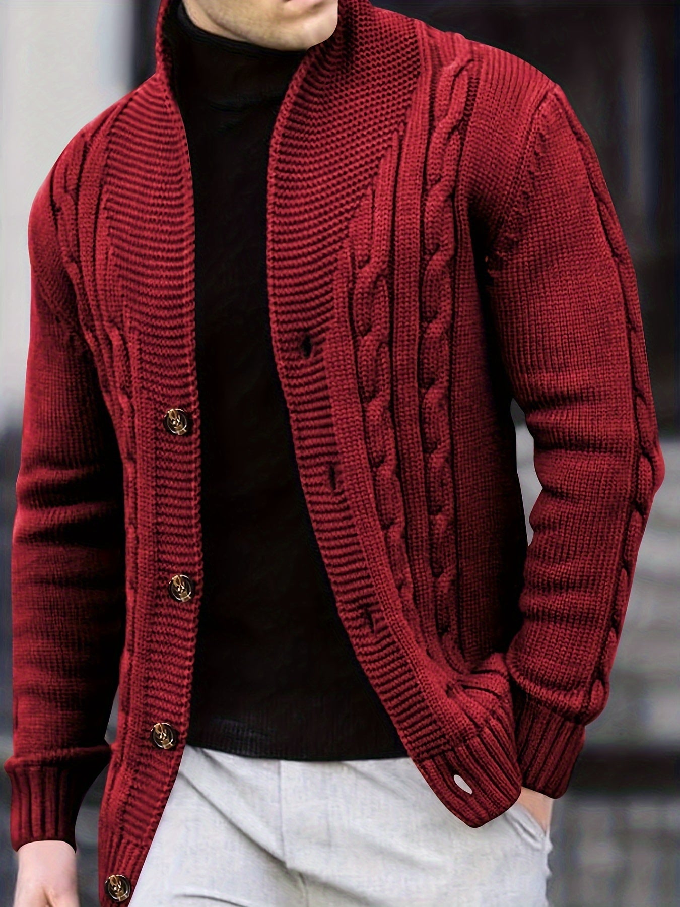Cardigan d'hiver à manches longues en tricot côtelé uni pour homme | Boutonné