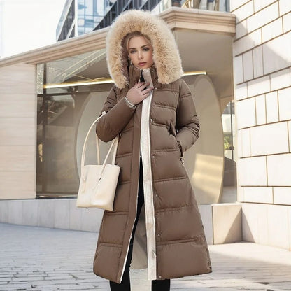Manteau long matelassé à capuche pour femme | Chaud