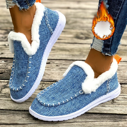 Sandales d'hiver pour femme, couleur chair, doublées de peluche | Bout rond
